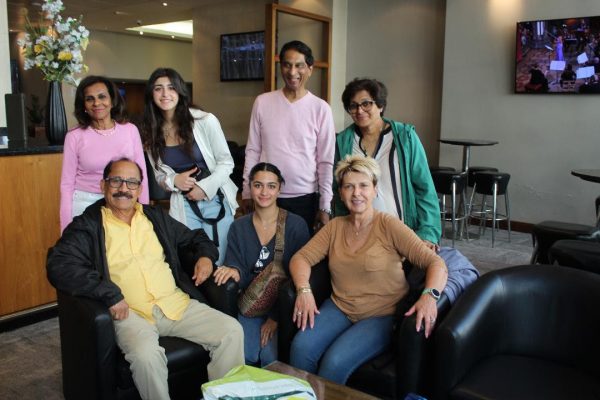 Jayam and Gina with Samantha and Belle, Moira James and Duleep and Malkanthi Jayatilaka in the lobby of Hotel in London