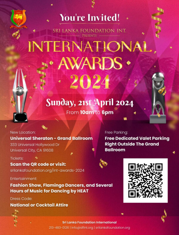 Sri Lanka Foundation Int. Presents International Awards 2024 For Reservations Please Scan the QR code or click on link below