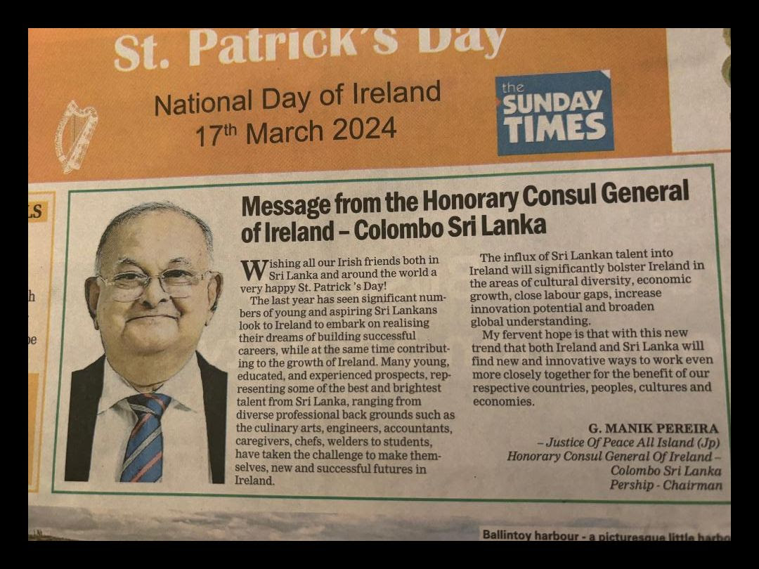 Message from the Honorary Consul General of Ireland - Colombo Sri Lanka - Manik Pereira